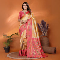 Yellow & Pink Paithani Woven Banarasi Silk Saree