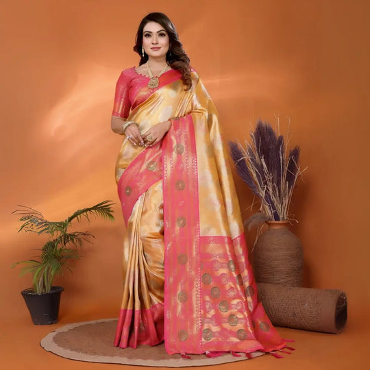 Yellow & Pink Paithani Woven Banarasi Silk Saree