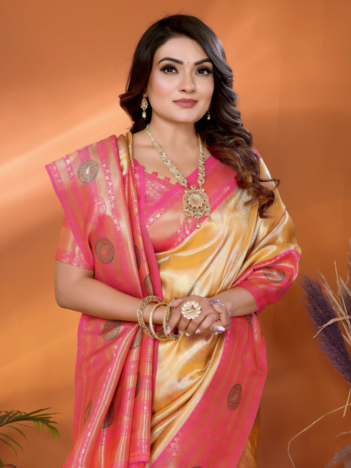 Yellow & Pink Paithani Woven Banarasi Silk Saree