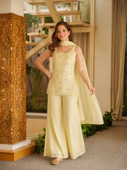 Pale Yellow Embroidered Suit thread work palazzo set model front view KU265