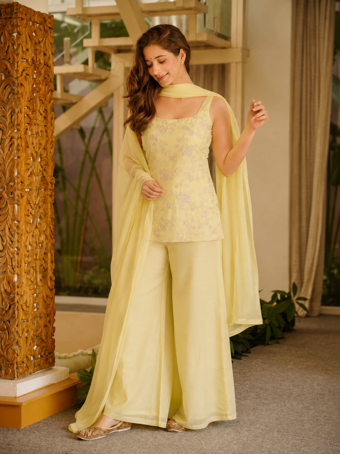 Pale Yellow Embroidered Suit three quarter view palazzo dupatta KU265