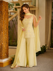 Pale Yellow Embroidered Suit three quarter view palazzo dupatta KU265