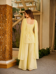 Pale Yellow Thread Work Suit model close up embroidery detail KU265