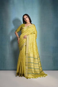 Yellow Ikkat Or Zari Weaving Soft Khadi Raw Silk Saree