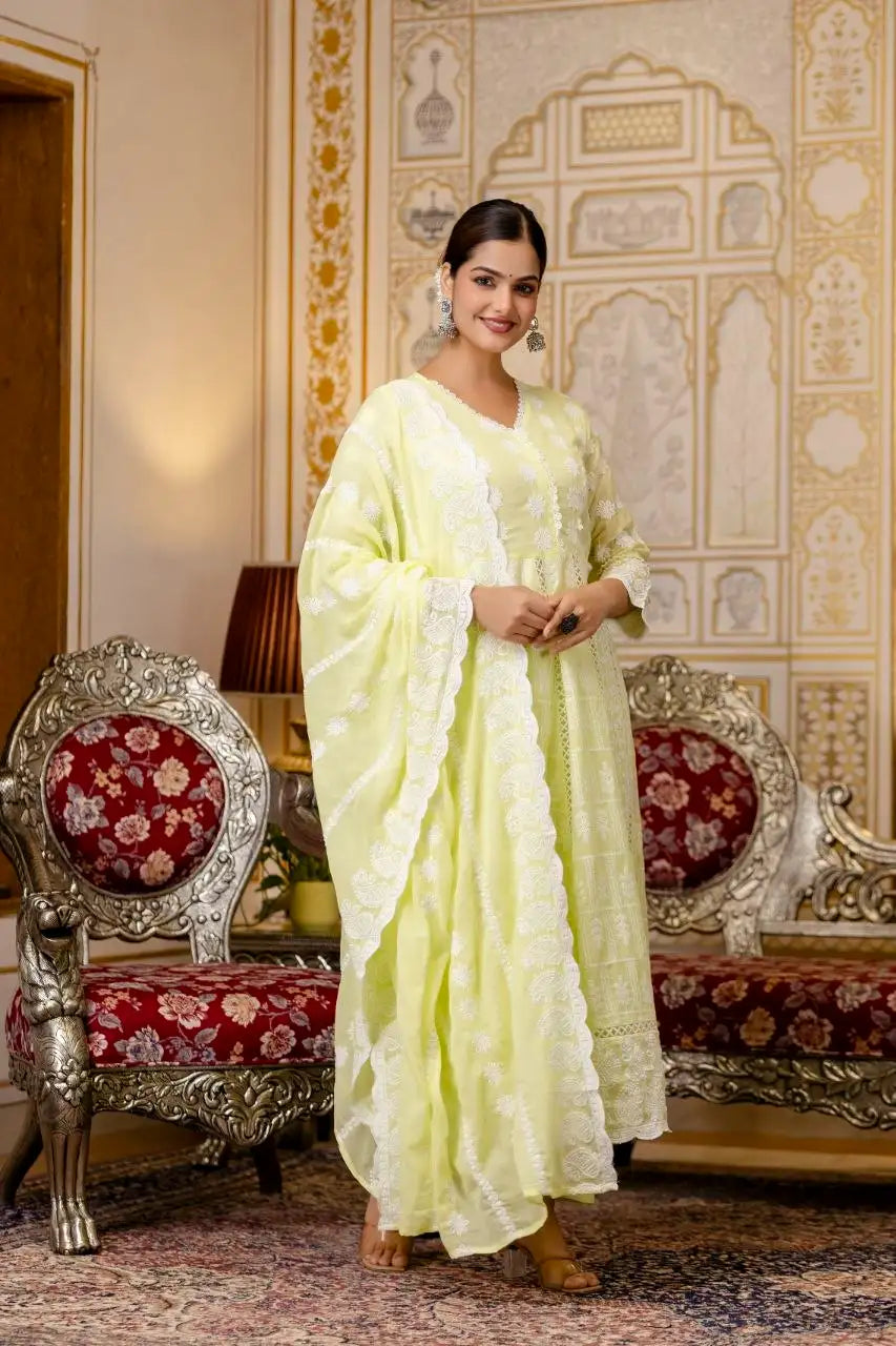 Pale Yellow Lakhnowi Work Anarkali Suit Full Front Featured View – KU261