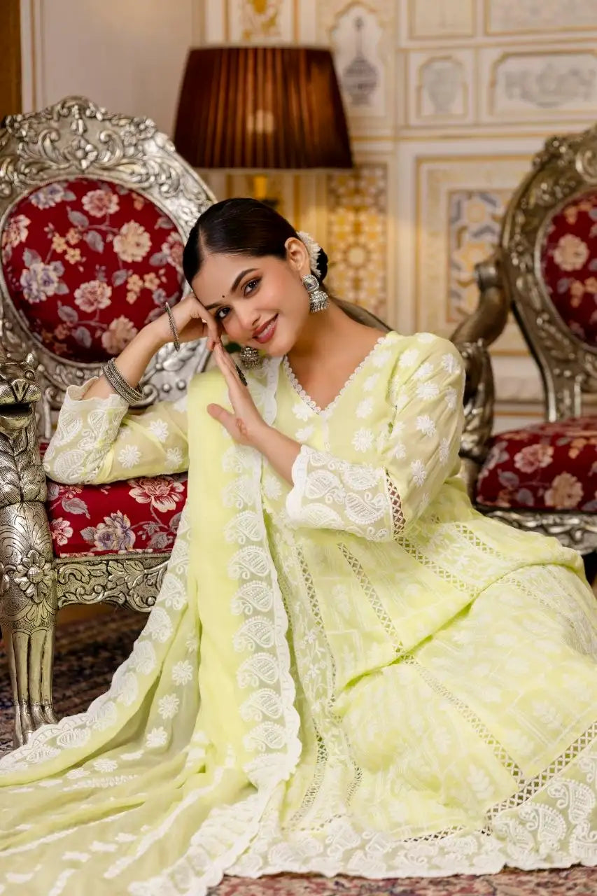 Pale Yellow Lakhnowi Work Suit Seated Closeup Side Pose – KU261