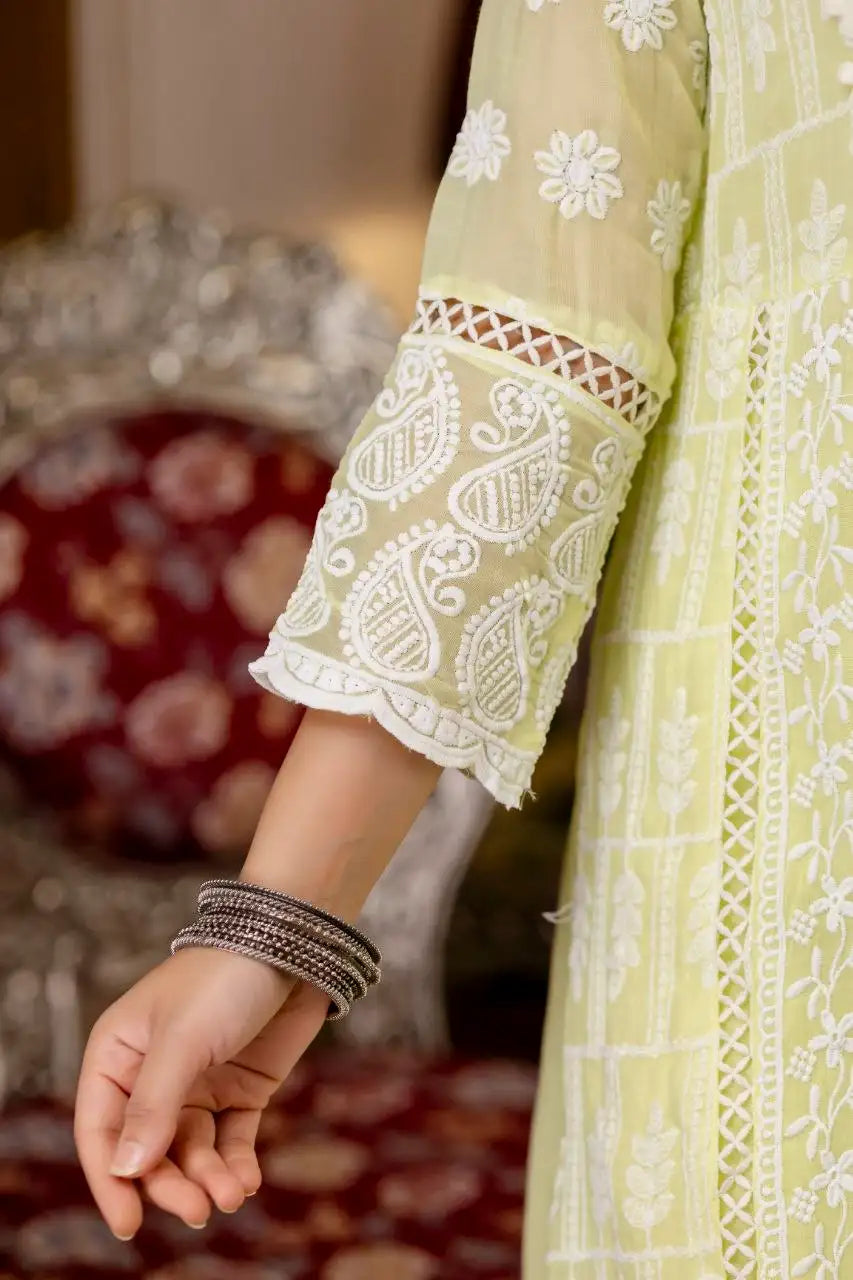 Pale Yellow Suit 3/4 Sleeve Side Close-Up Chikankari Work – KU261