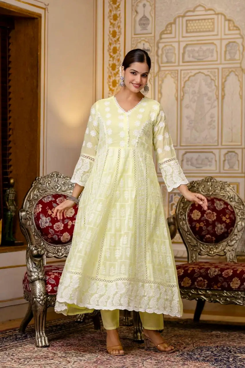 Pale Yellow Lakhnowi Work Suit Full-Length Front Simple Pose – KU261
