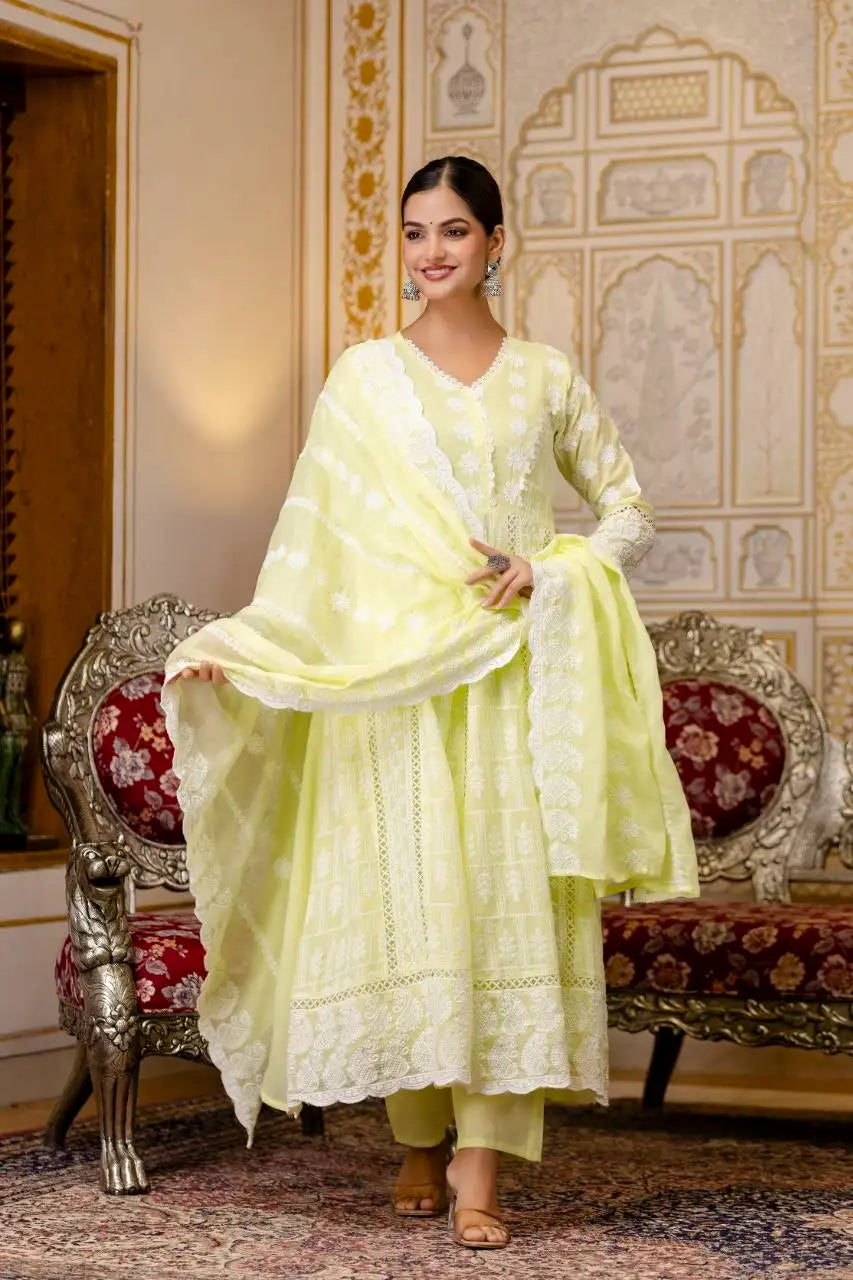 Pale Yellow Anarkali Suit with Dupatta Spread Lakhnowi Embroidery – KU261