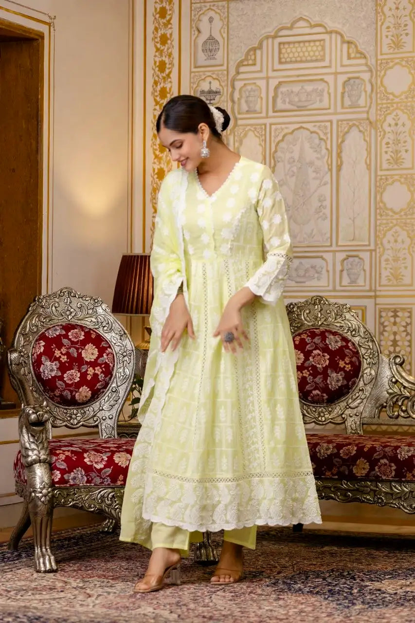 Pale Yellow Suit Natural Smile Chikankari Lakhnowi Work – KU261