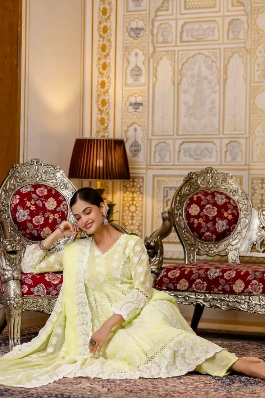 Pale Yellow Lakhnowi Suit Seated Pose Showing Full Outfit – KU261