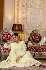 Pale Yellow Lakhnowi Suit Seated Pose Showing Full Outfit – KU261