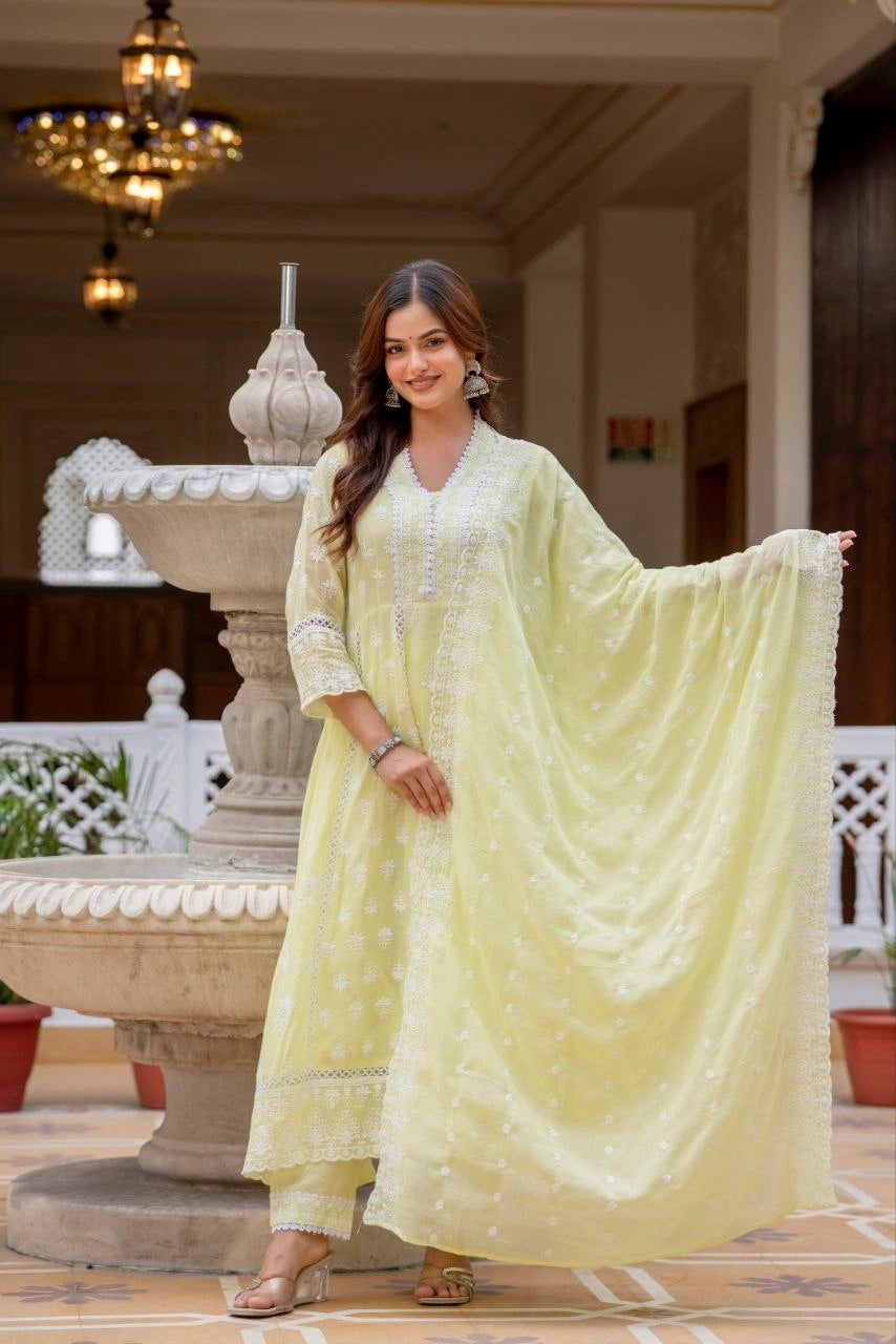 Pale Yellow Lakhnowi Work Suit Mul Cotton Blend KU270 Kalyanja
