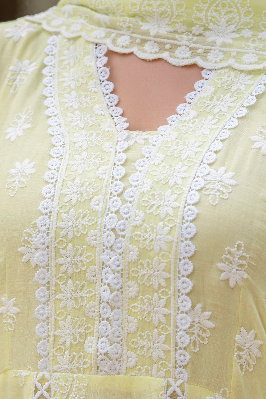 Pale Yellow Lakhnowi Suit Neckline Chikankari Detail KU270 Kalyanja