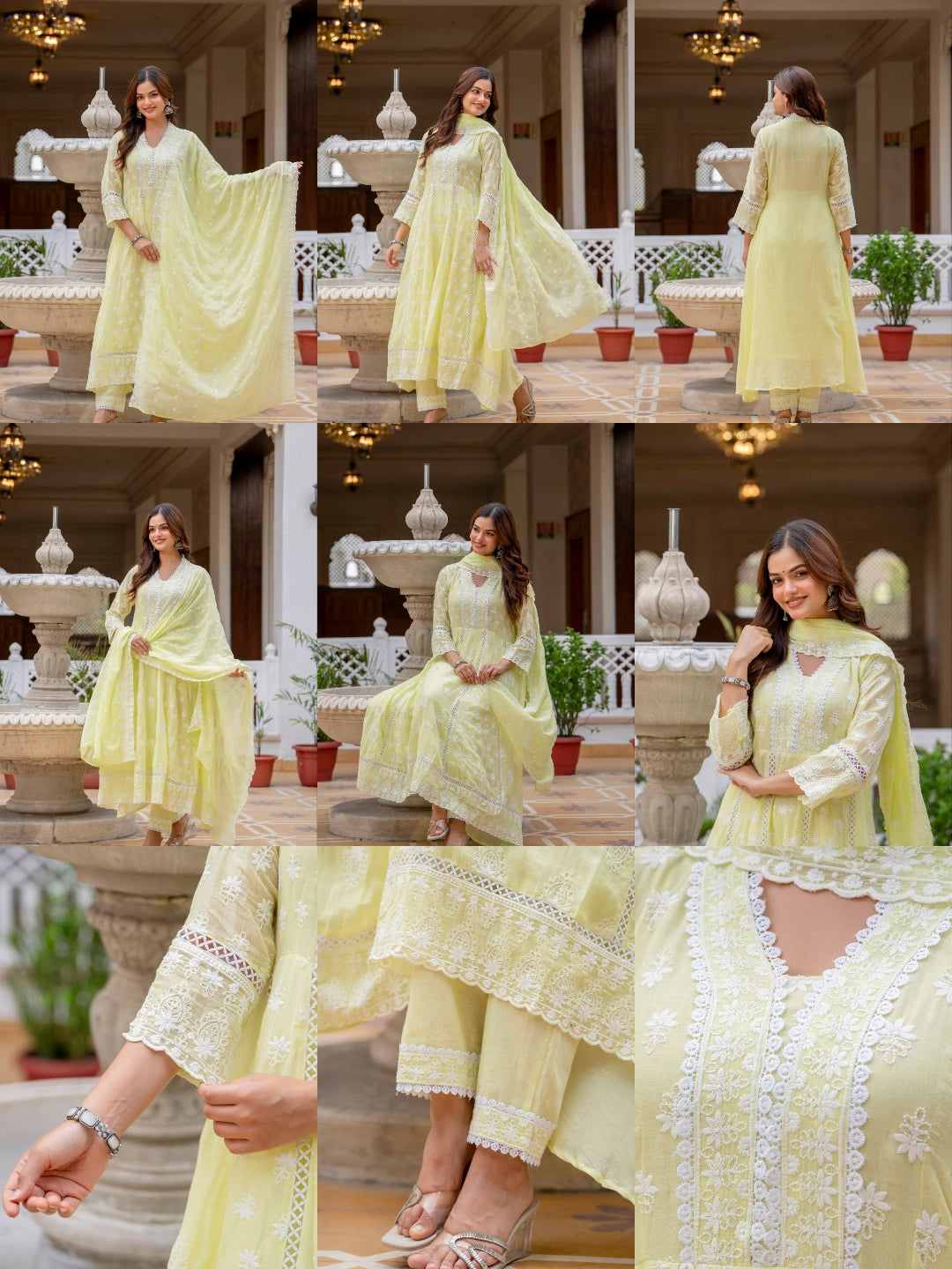 Pale Yellow Lakhnowi Work Suit All Views KU270 Kalyanja