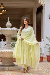 Pale Yellow Lakhnowi Work Suit Full Length KU270 Kalyanja