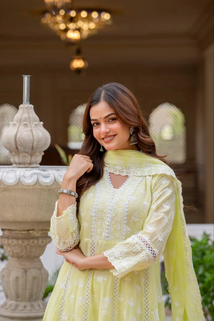 Pale Yellow Lakhnowi Work Suit Chikankari Embroidery KU270 Kalyanja