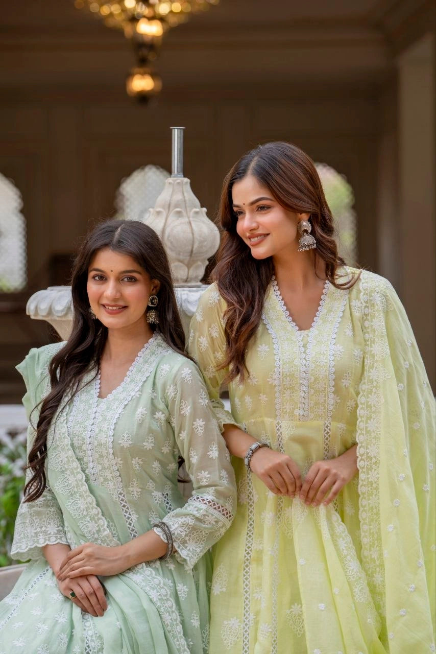 Pale Yellow Mint Green Lakhnowi Work Suit Set KU270 Kalyanja