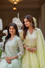 Pale Yellow Mint Green Lakhnowi Work Suit Set KU270 Kalyanja