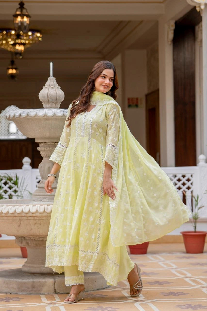 Pale Yellow Lakhnowi Work Suit V Neck Detail KU270 Kalyanja