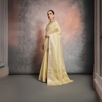 Pale Yellow Zari Work Soft Mulberry Silk Saree