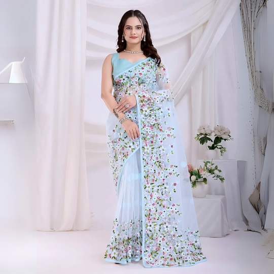 Pastel Blue Floral Embroidered Net Saree