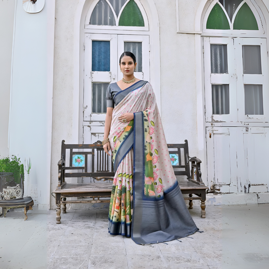 A woman models an elegant Off-White Soft Silk Saree featuring a large-scale floral and figurative Pichwai-style print in green and pink. The saree has a wide Slate Grey/Navy Blue border and pallu. She wears a matching dark grey blouse and a gold Kundan choker necklace, posing outdoors next to an old wooden bench.