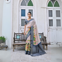 Off White & Navy Blue Pichwai Print Soft Silk Saree