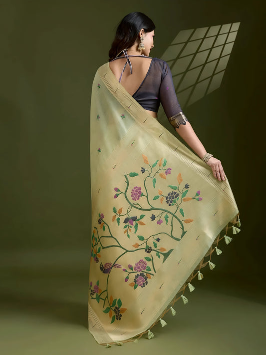 Pista Green Resham & Zari Weaving Soft Muga Cotton Saree