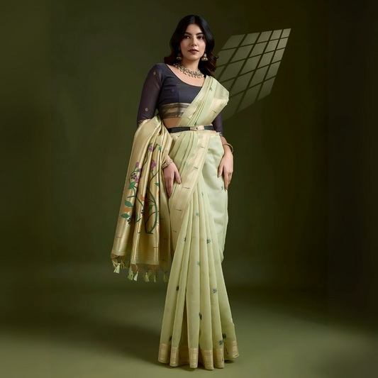 Pista Green Resham & Zari Weaving Soft Muga Cotton Saree