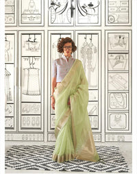Pastel Pistachio Green Zari Work Moss Chiffon Saree