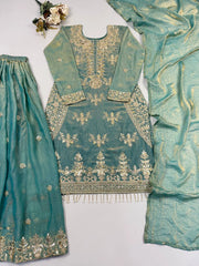 Pastel Sea Green Embroidered Sharara Suit full set flat lay – Kalyanja KU298