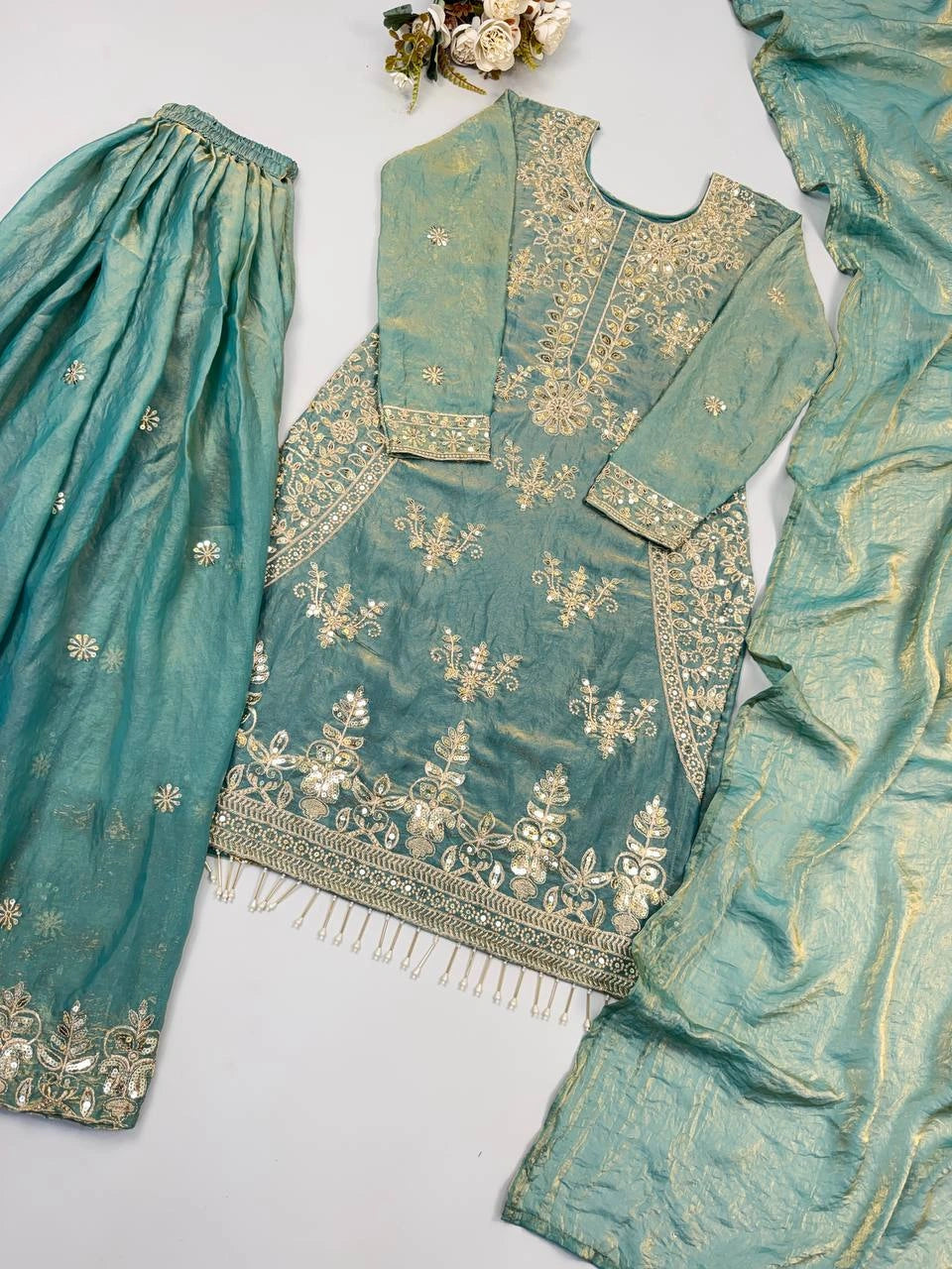 Pastel Sea Green Embroidered Sharara Suit full set flat lay angle 2 – Kalyanja KU298