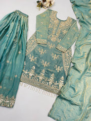 Pastel Sea Green Embroidered Sharara Suit full set flat lay angle 2 – Kalyanja KU298