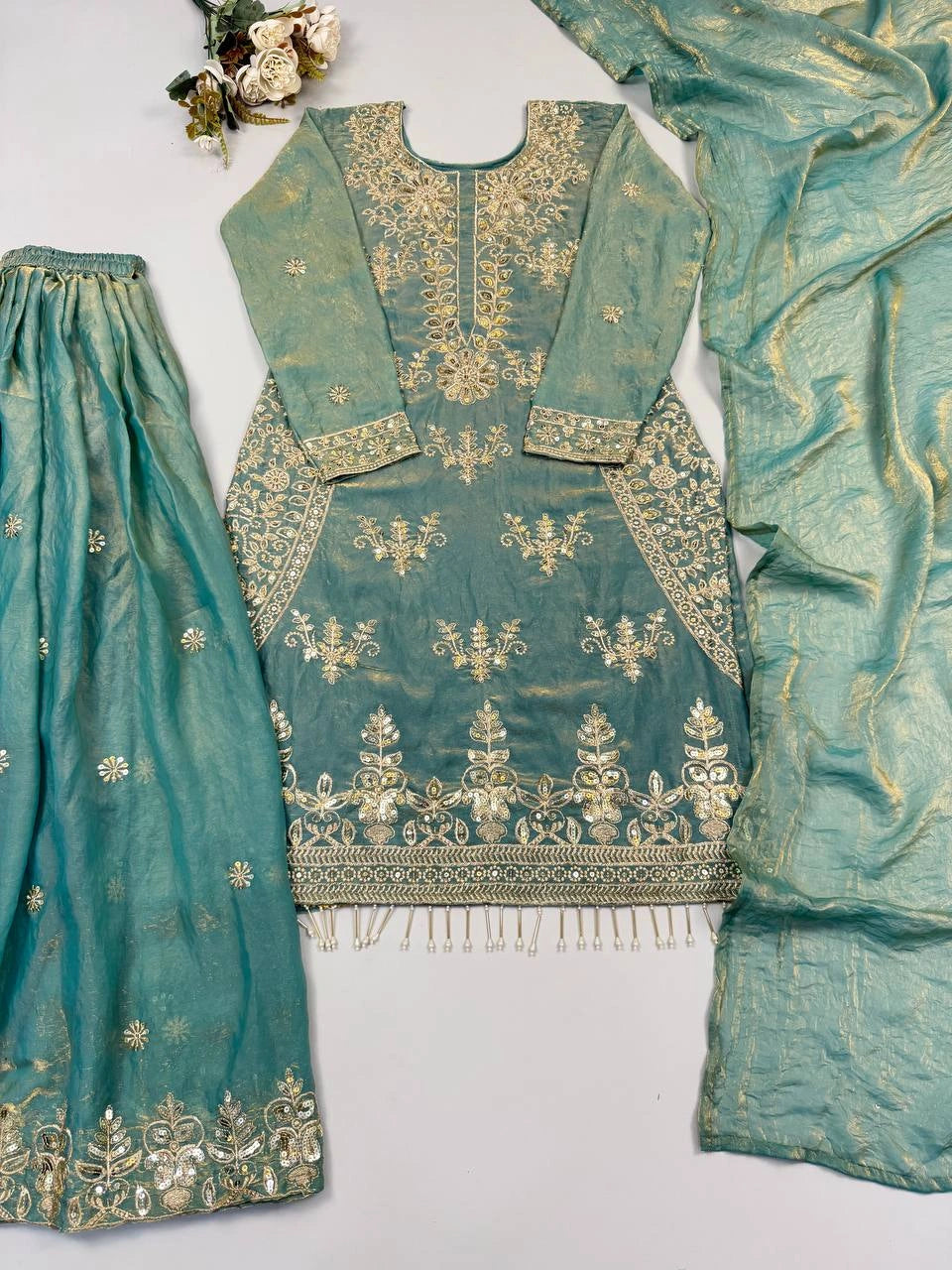 Pastel Sea Green Embroidered Sharara Suit flat lay with moti drop hem – Kalyanja KU298