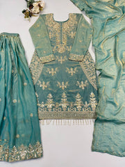 Pastel Sea Green Embroidered Sharara Suit flat lay with moti drop hem – Kalyanja KU298