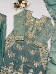 Pastel Sea Green Embroidered Sharara Suit close-up upper body zari embroidery – Kalyanja KU298