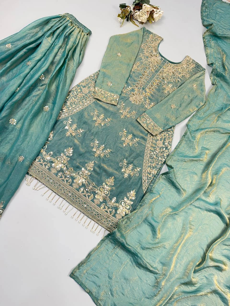 Pastel Sea Green Embroidered Sharara Suit flat lay angle 6 – Kalyanja KU298