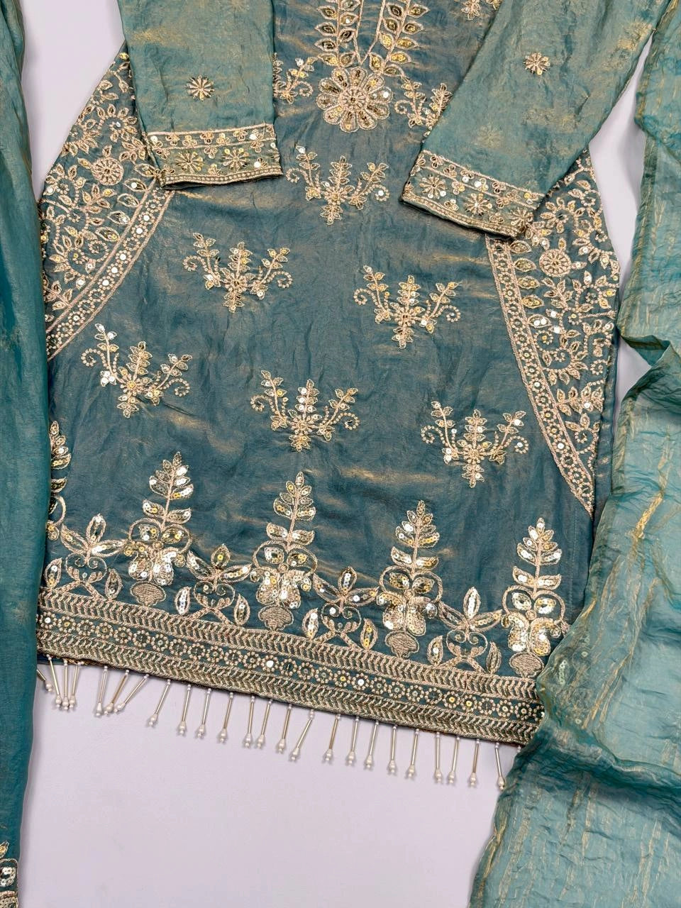 Pastel Sea Green Embroidered Sharara Suit close-up hem moti drop border detail – Kalyanja KU298