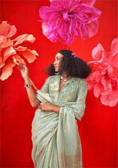 Pastel sea green saree with intricate zari work, handloom weaving