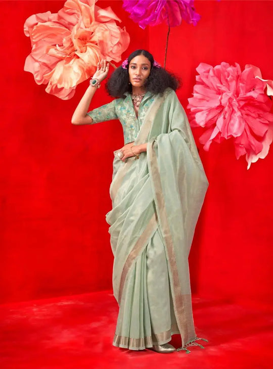 Pastel Sea Green Zari Work Silk Saree - kalyanja