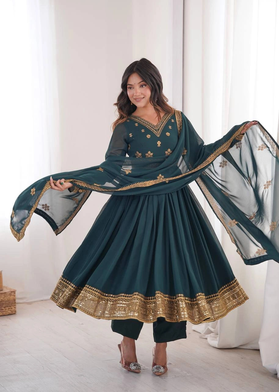 Peacock Green Sequins Embroidered Suit – Anarkali Pant Set with Dupatta