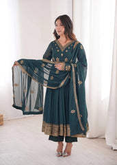 Peacock Green Sequins Embroidered Suit – Anarkali Pant Set with Dupatta
