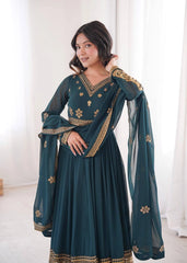 Peacock Green Sequins Embroidered Suit – Anarkali Pant Set with Dupatta