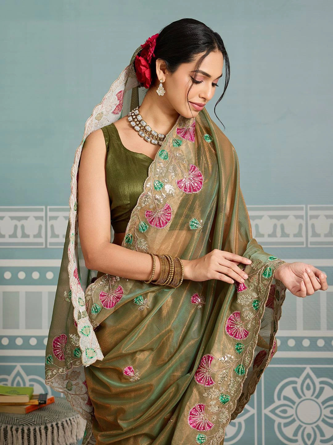 olive green embroidery work soft net saree