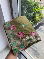 Olive Green Embroidery Work Soft Net Saree
