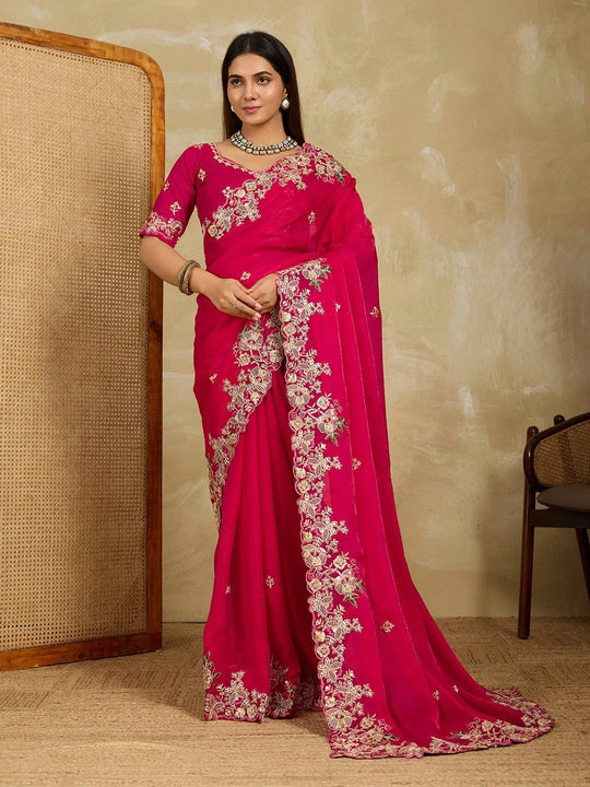 Dark Pink Embroidery Work Soft Fendy Chiffon Saree