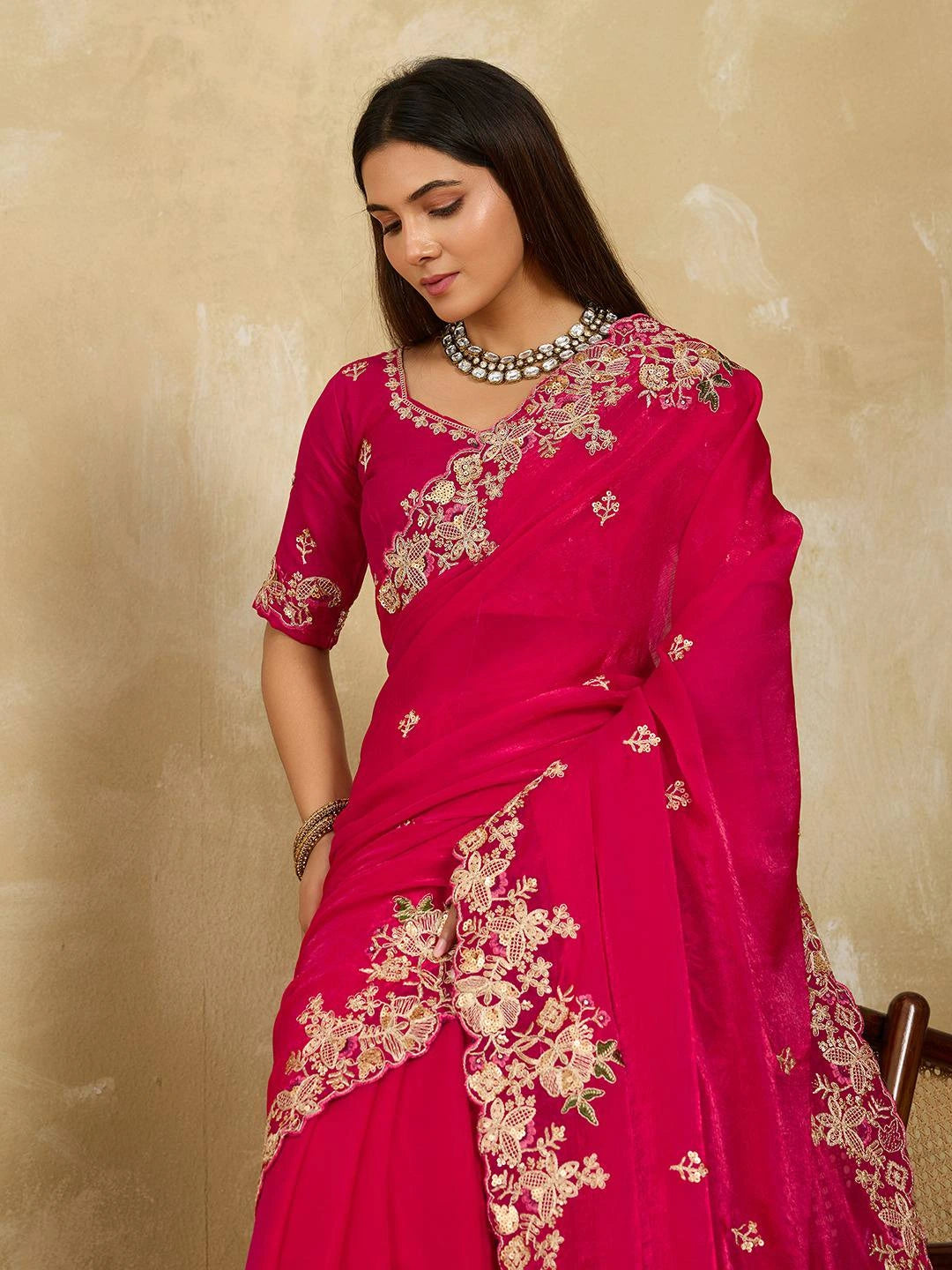 Dark Pink Embroidery Work Soft Fendy Chiffon Saree