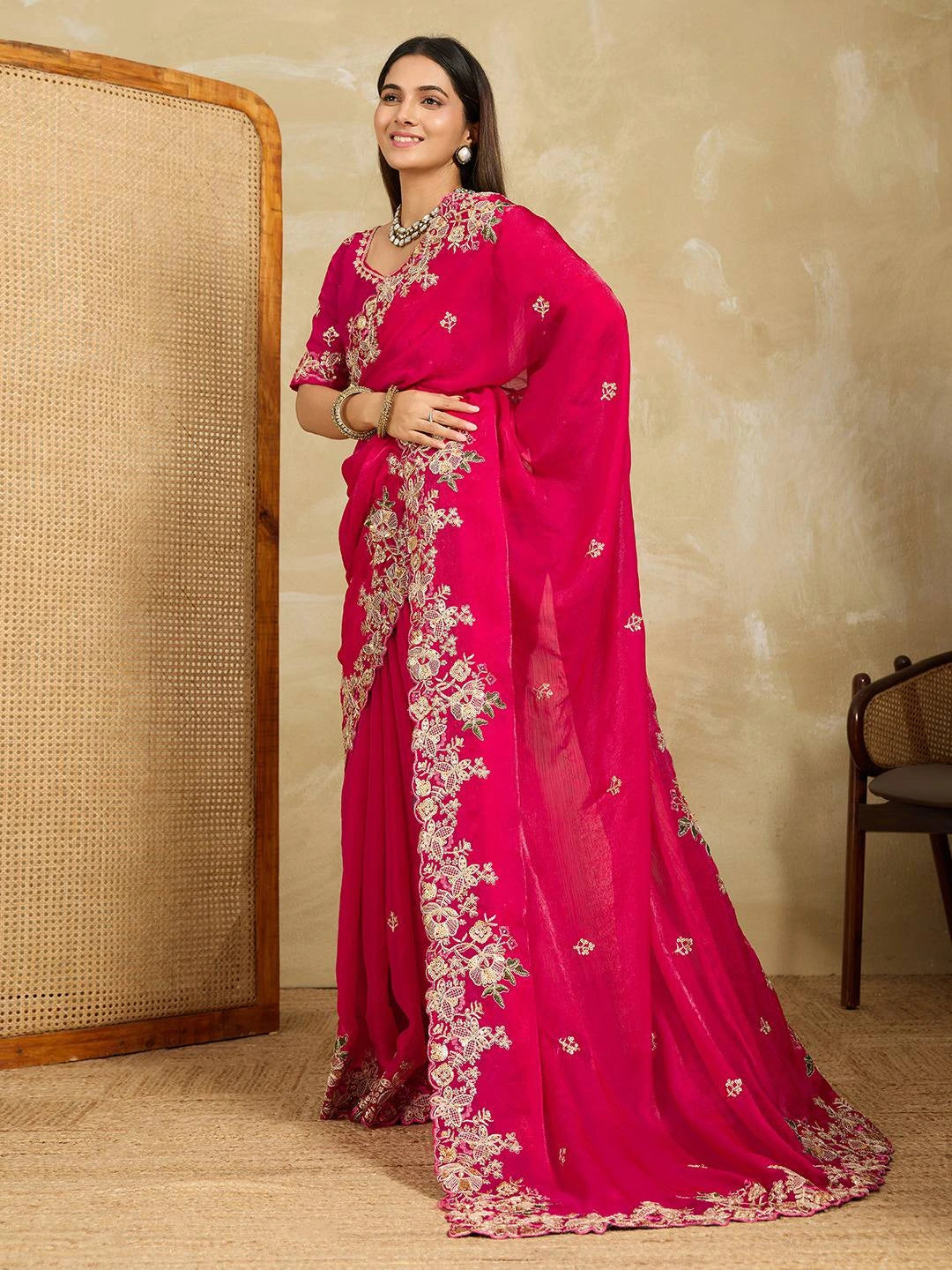 Dark pink Embroidery Work Soft Fendy Chiffon Saree