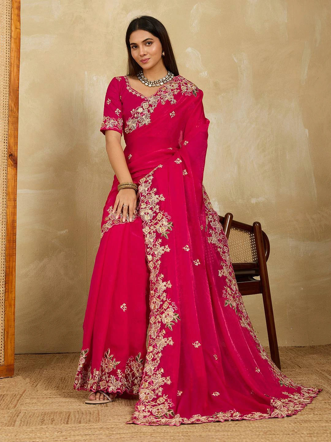 Dark pink Embroidery Work Soft Fendy Chiffon Saree - kalyanja